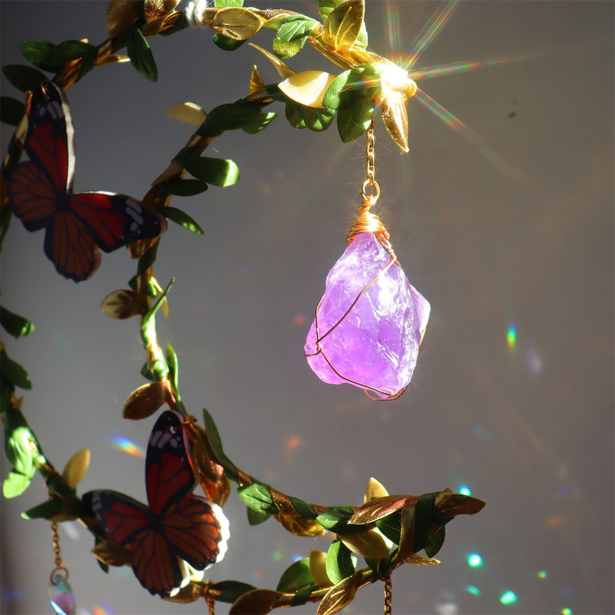 Sun Catcher Butterfly Flower Crystal Moon Wind Chimes Natural Garden Pendant