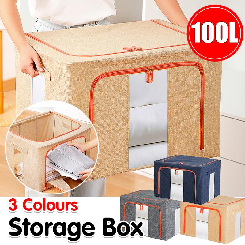 Linen Large Capacity Foldable Storage Box Organizer with Clear Windows 100L