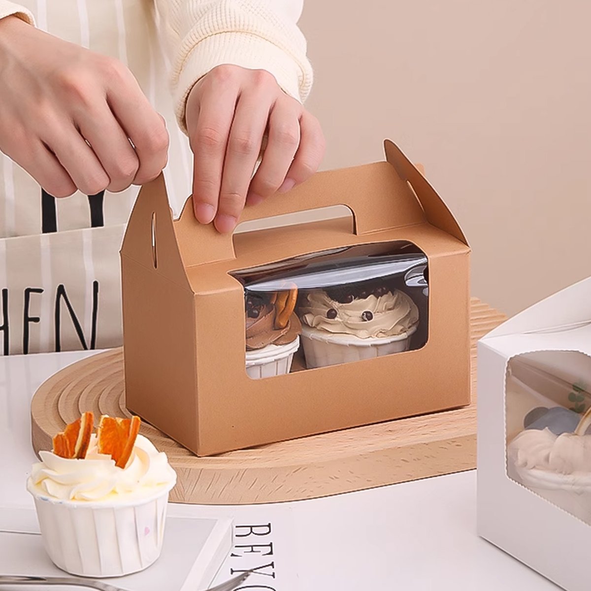 Food-Grade Cardboard Portable Cupcake Packaging Boxes with Window 25PCS