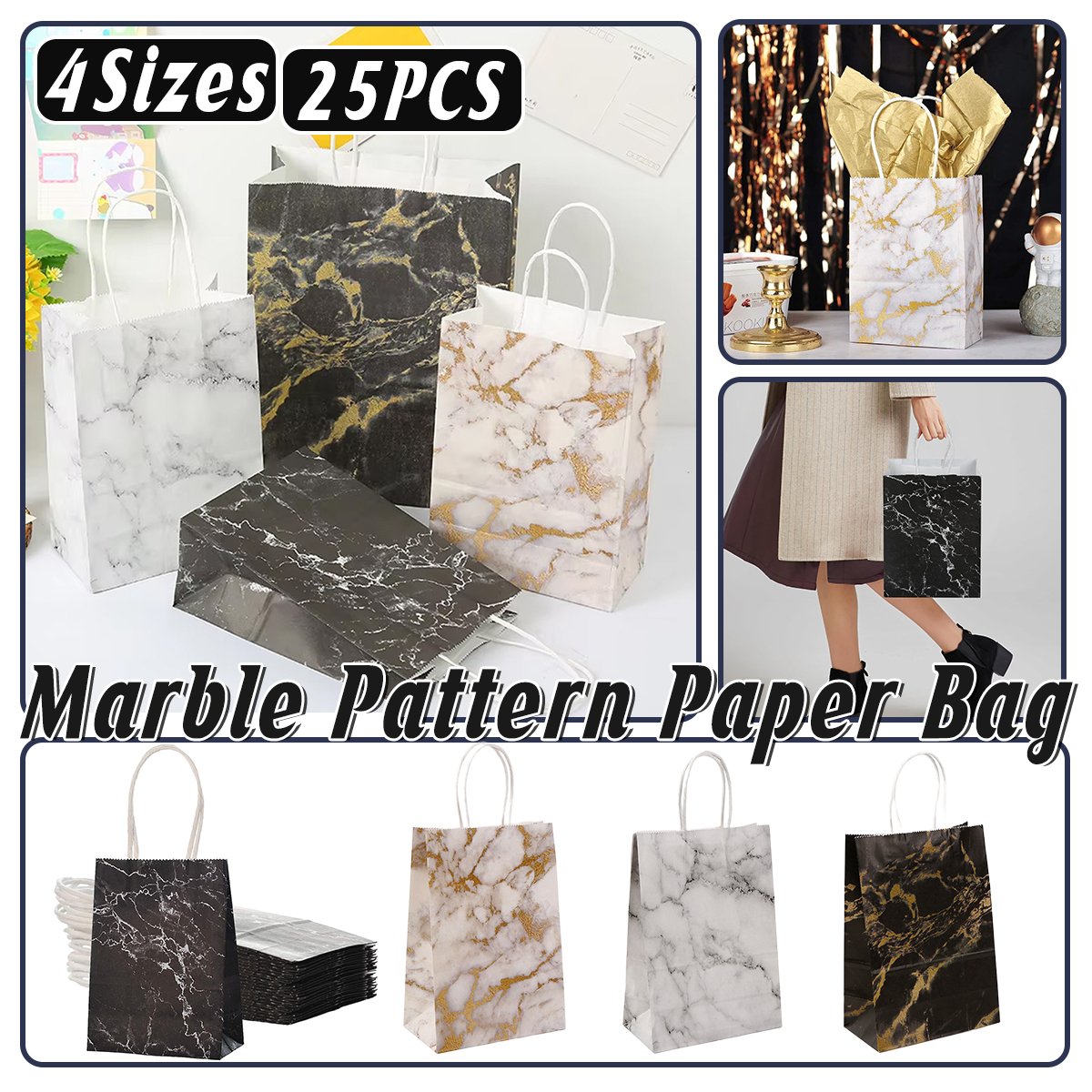 25PCS Marble Series Shopping Paper Bag Luxury Handbag Party Favor Gift Bags