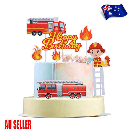 8pcs Fireman Cake Cupcake Topper Set Fire Truck Engine Happy Birthday Party