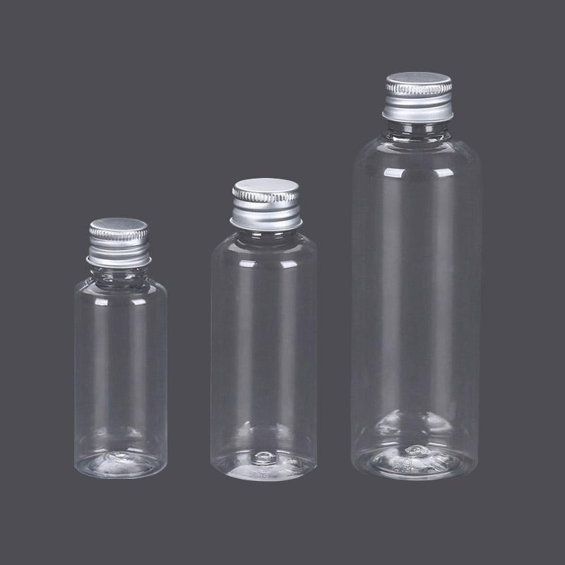 PET Clear Plastic Bottles with Aluminum Caps for Liquids 50 or 100 pcs