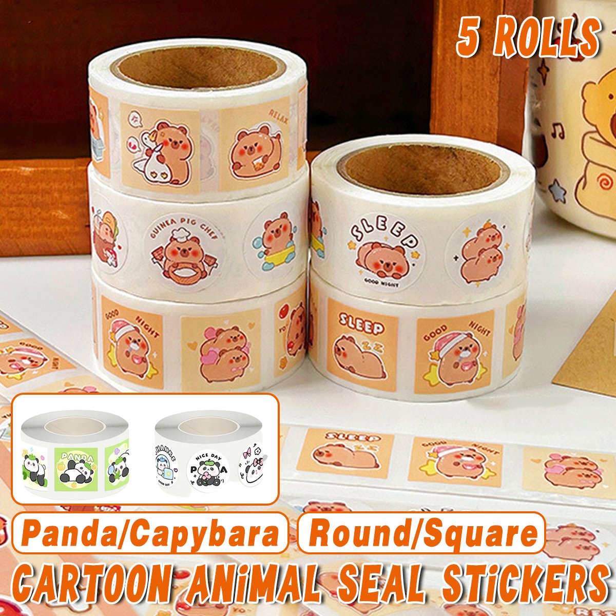 5Rolls Kapibara Seal Stickers Cute Cartoon DIY Decorative Hand Account Stickers