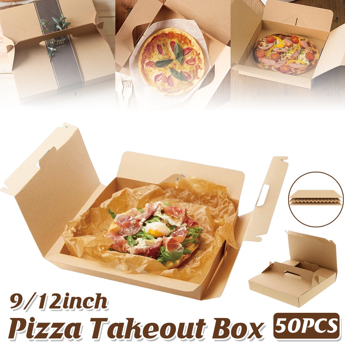 Kraft Paper Takeaway Containers Gable Pizza Boxes 50PCS