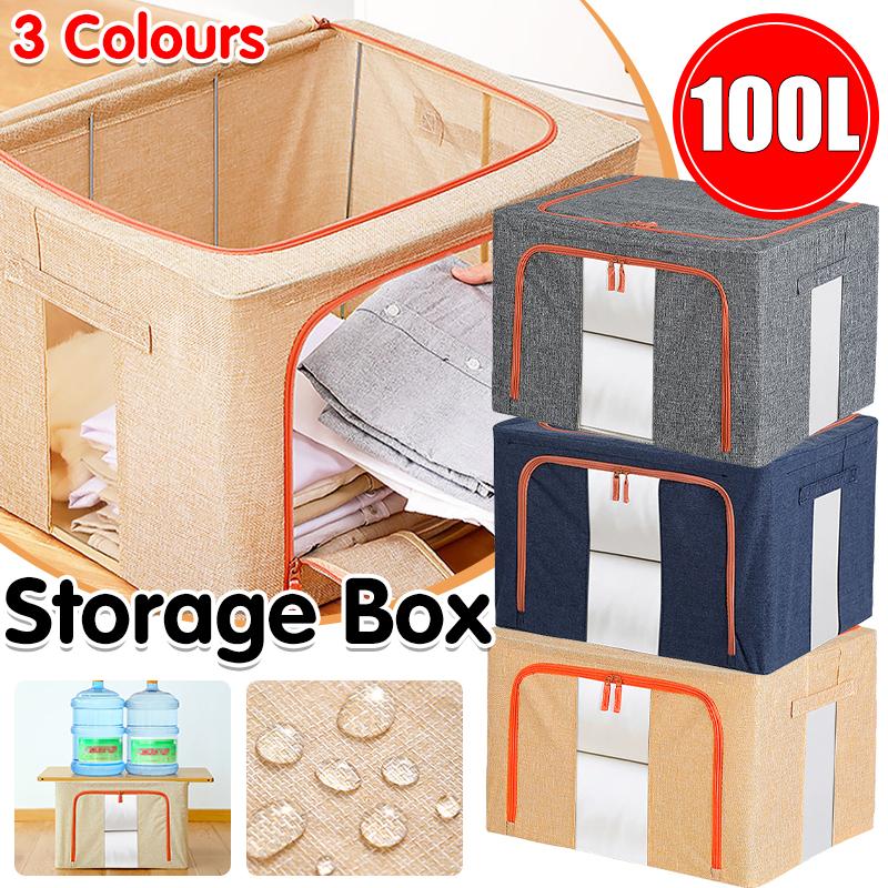 Linen Large Capacity Foldable Storage Box Organizer with Clear Windows 100L