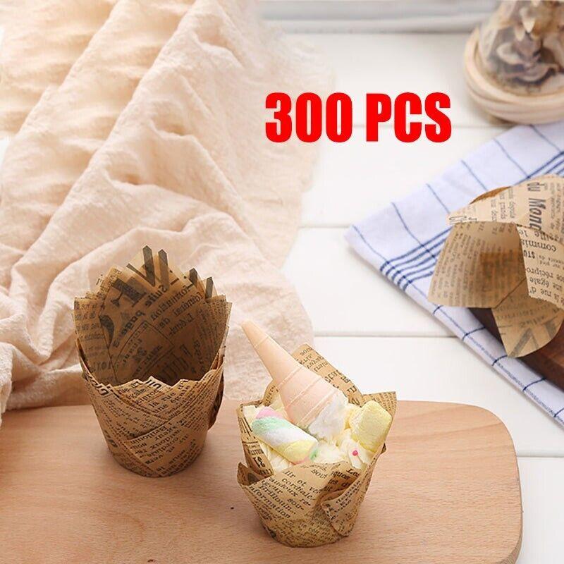 300PCS Newspaper Style Muffin Wrappers Cups Cake Box Liners Cafe Theme Party