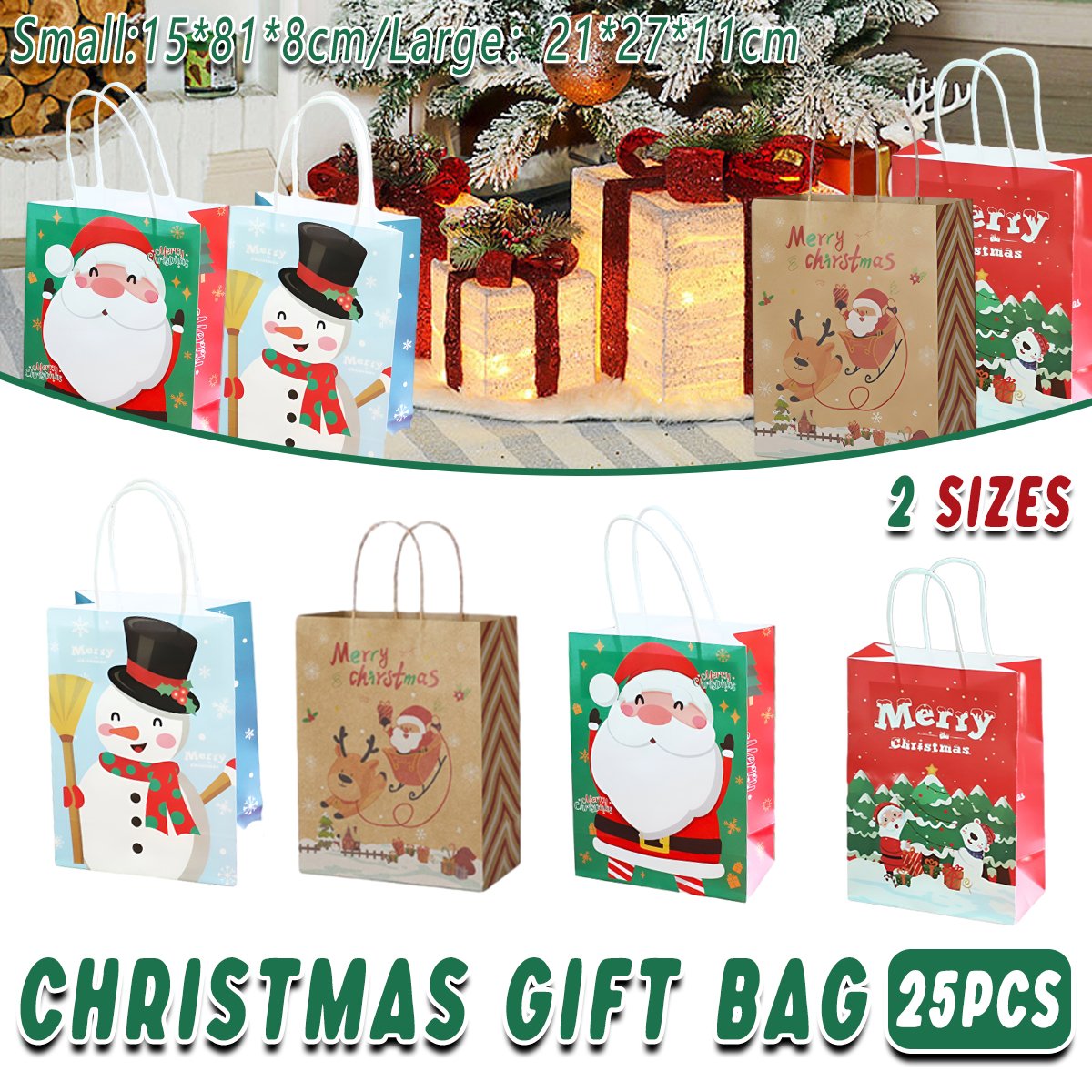 25PCS Christmas Tote Bags Kraft Paper Gift Bags Party Favor Holiday Shopping Bag