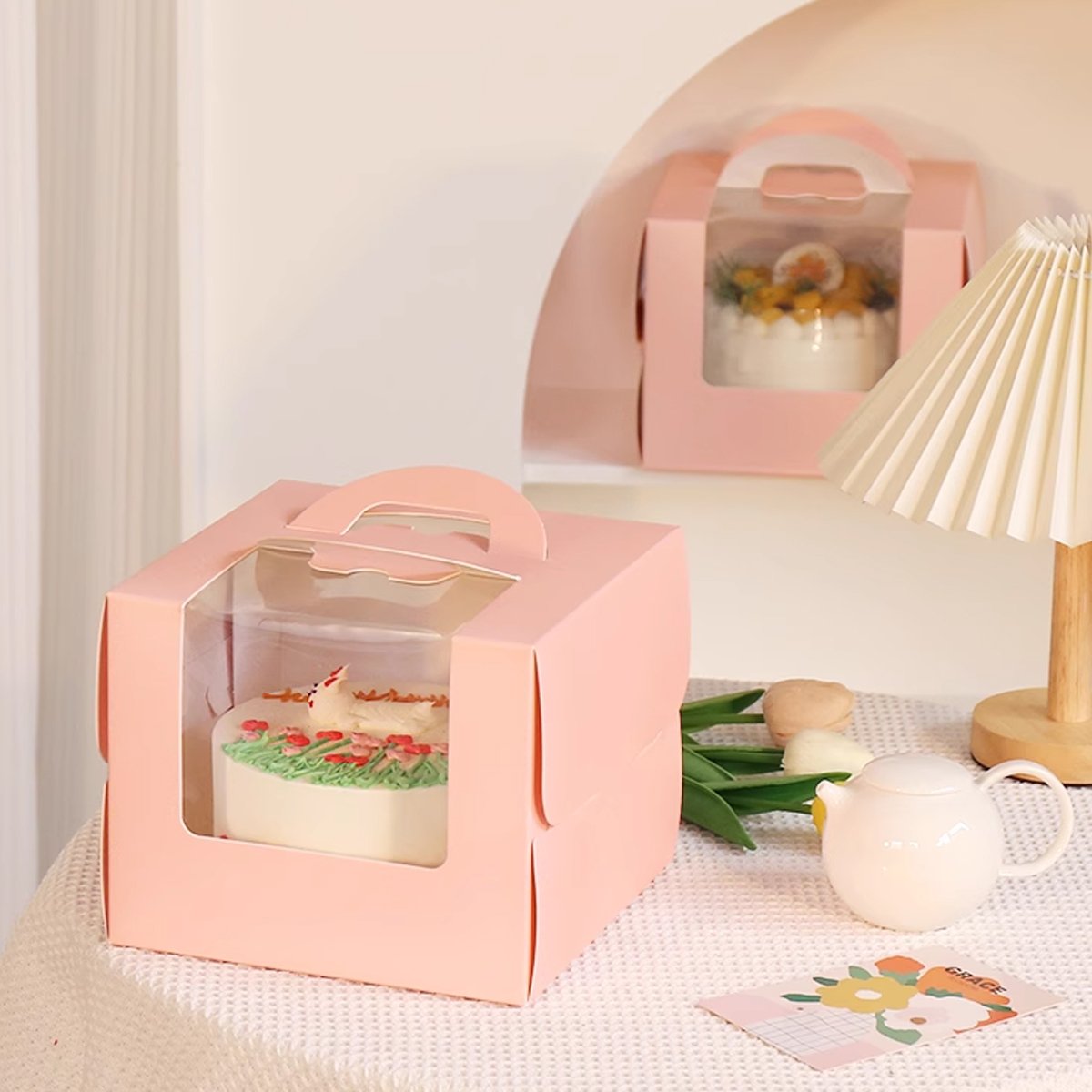 Pink Cake Boxes Food-Grade Cardboard with Window 25PCS