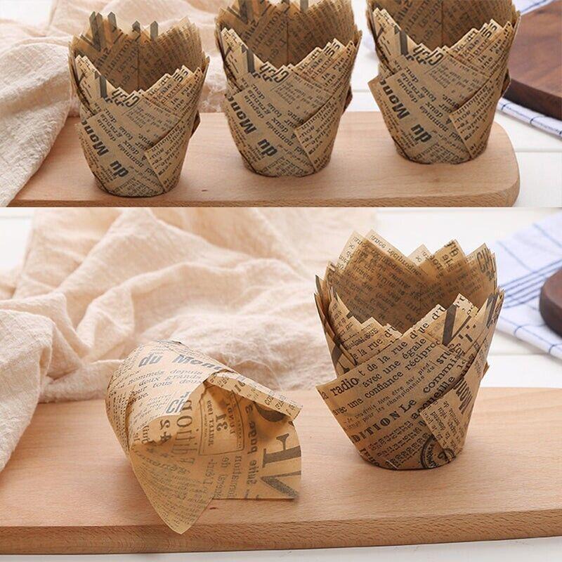 300PCS Newspaper Style Muffin Wrappers Cups Cake Box Liners Cafe Theme Party