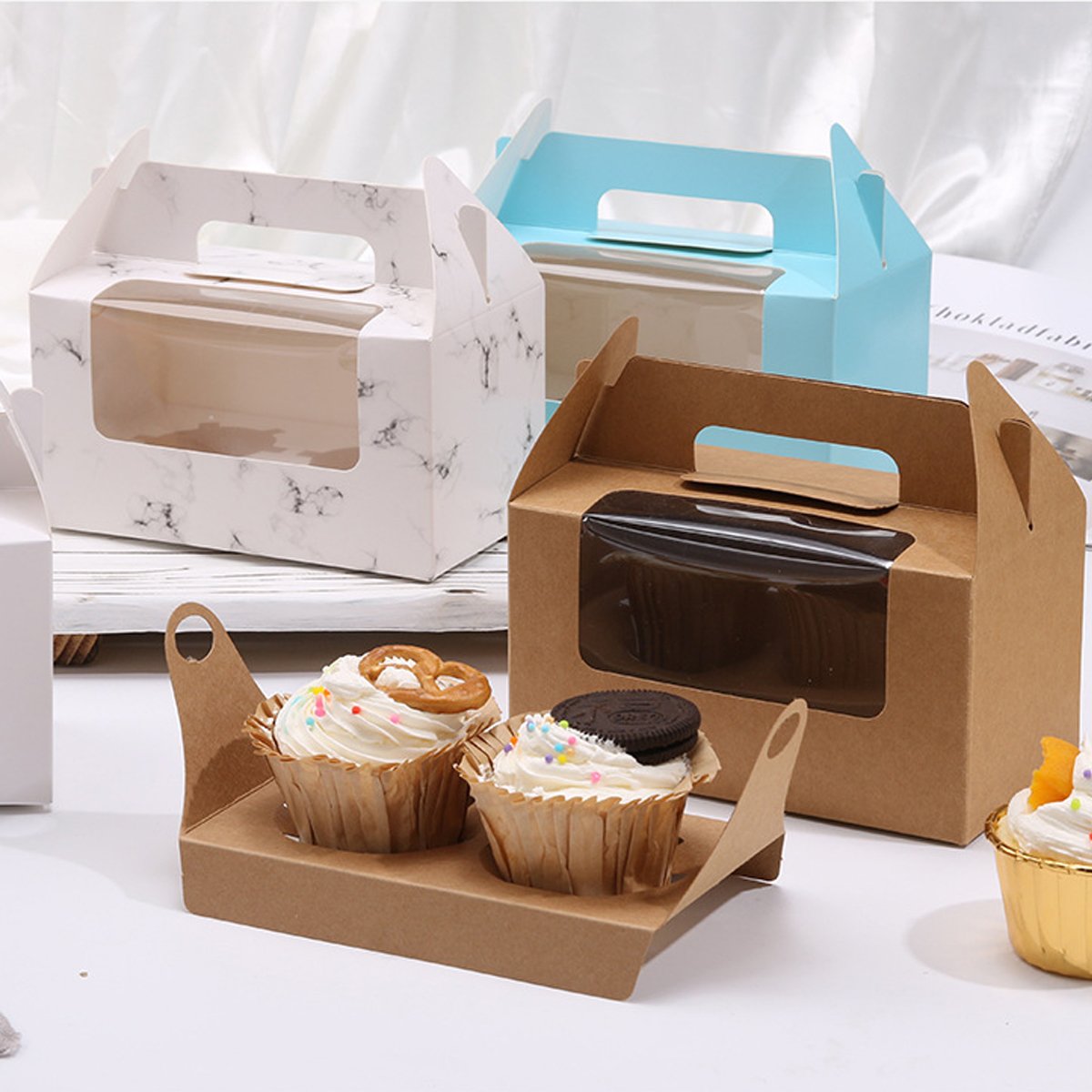 Food-Grade Cardboard Portable Cupcake Packaging Boxes with Window 25pcs