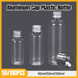 PET Clear Plastic Bottles with Aluminum Caps for Liquids 50 or 100 pcs