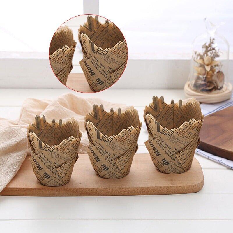 300PCS Newspaper Style Muffin Wrappers Cups Cake Box Liners Cafe Theme Party