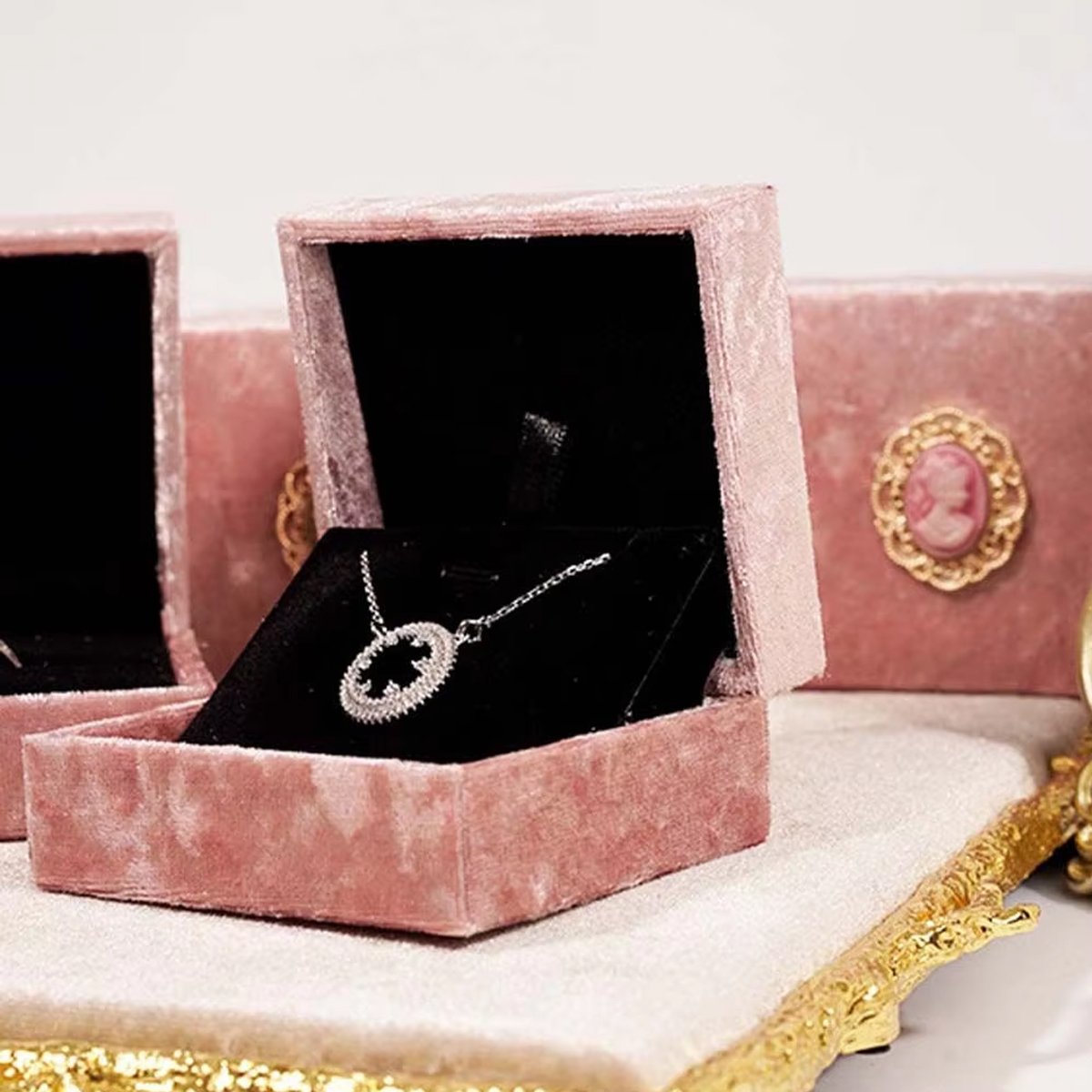 5PCS Pink Vintage Jewelry Box Velvet Ring Necklance Box Gift Packing Wedding Box