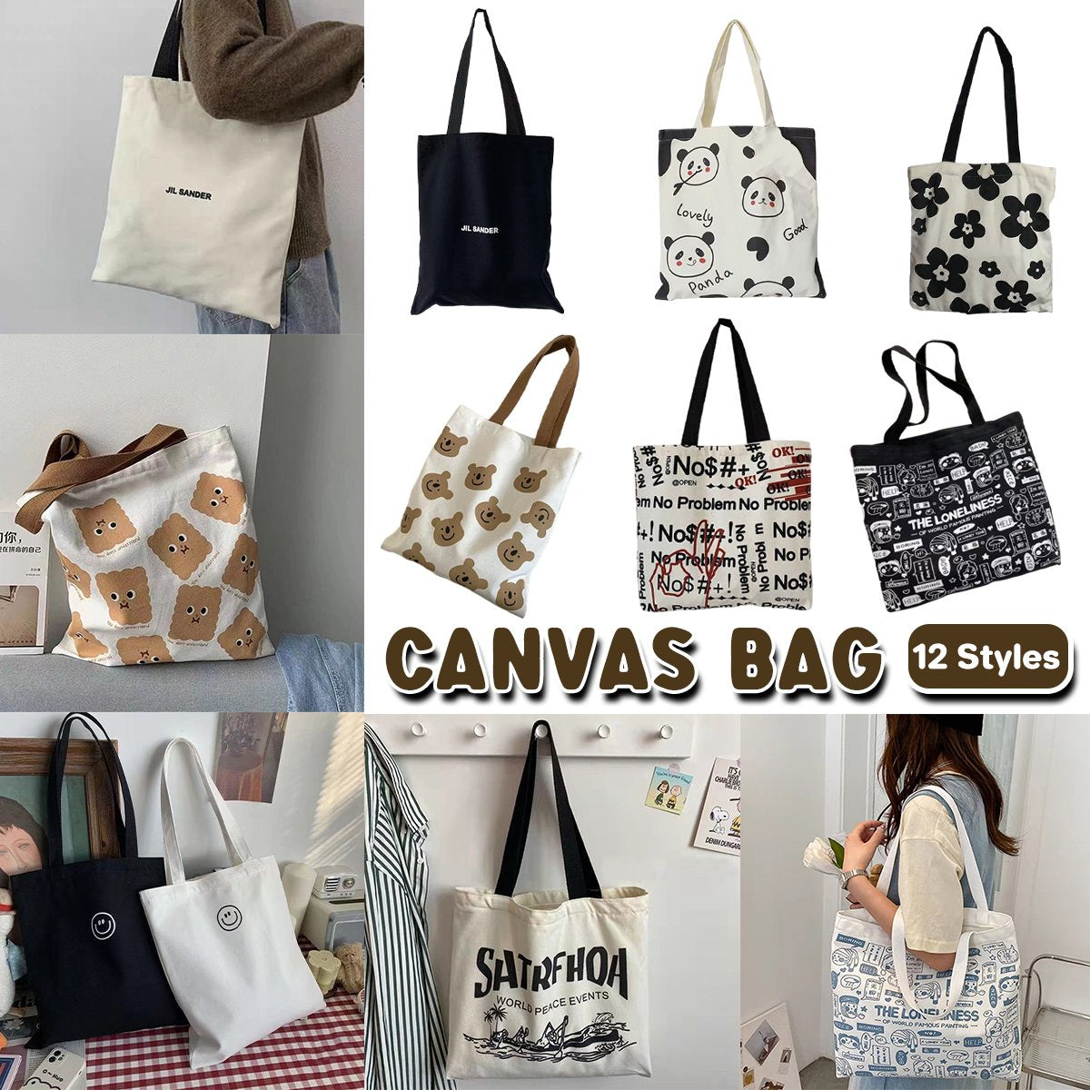 High-Quality Durable Canvas Shoulder Bags for Students and Shoppers 1pc