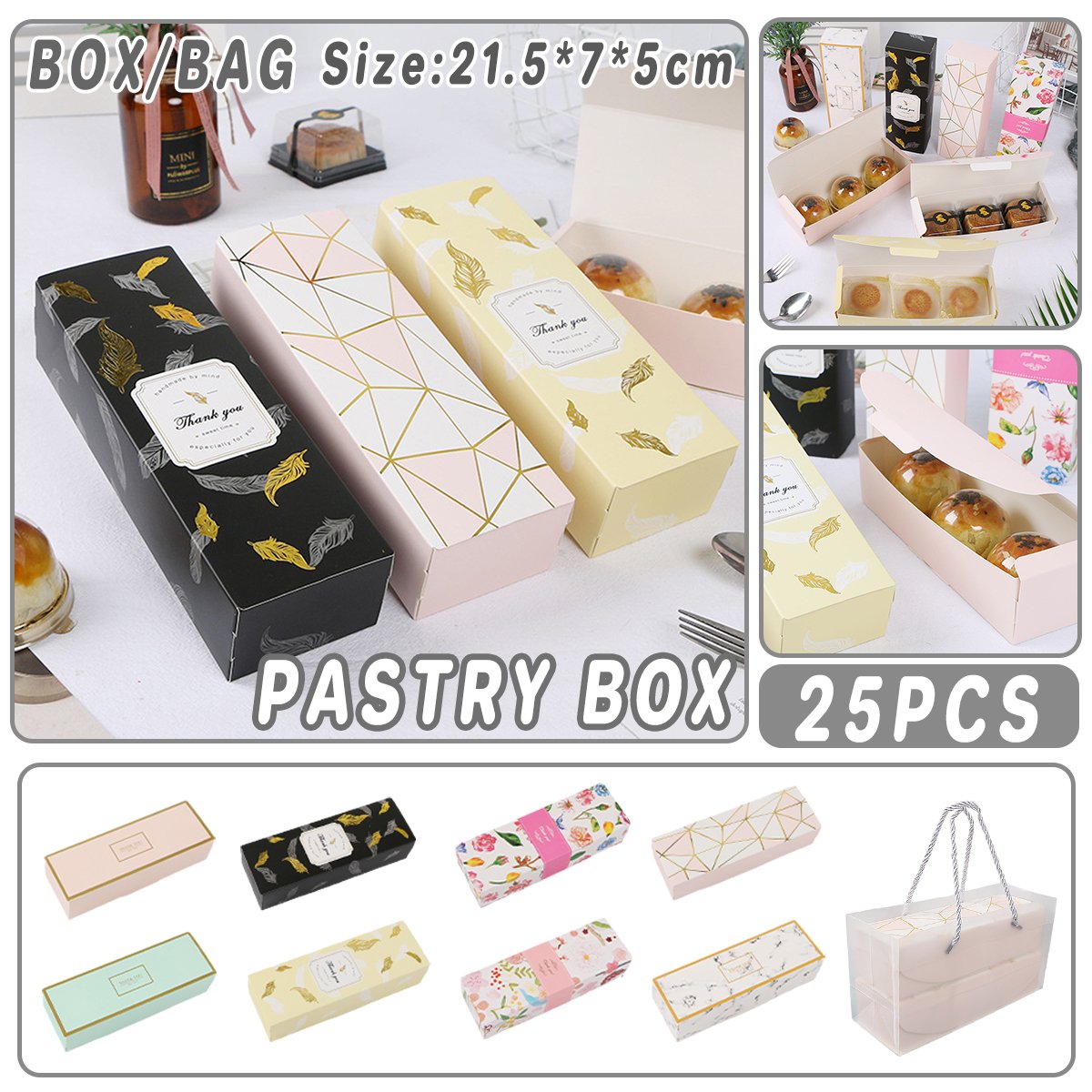 Long Strip Pastry Boxes Food-Grade Cardboard Elegant Design 25pcs