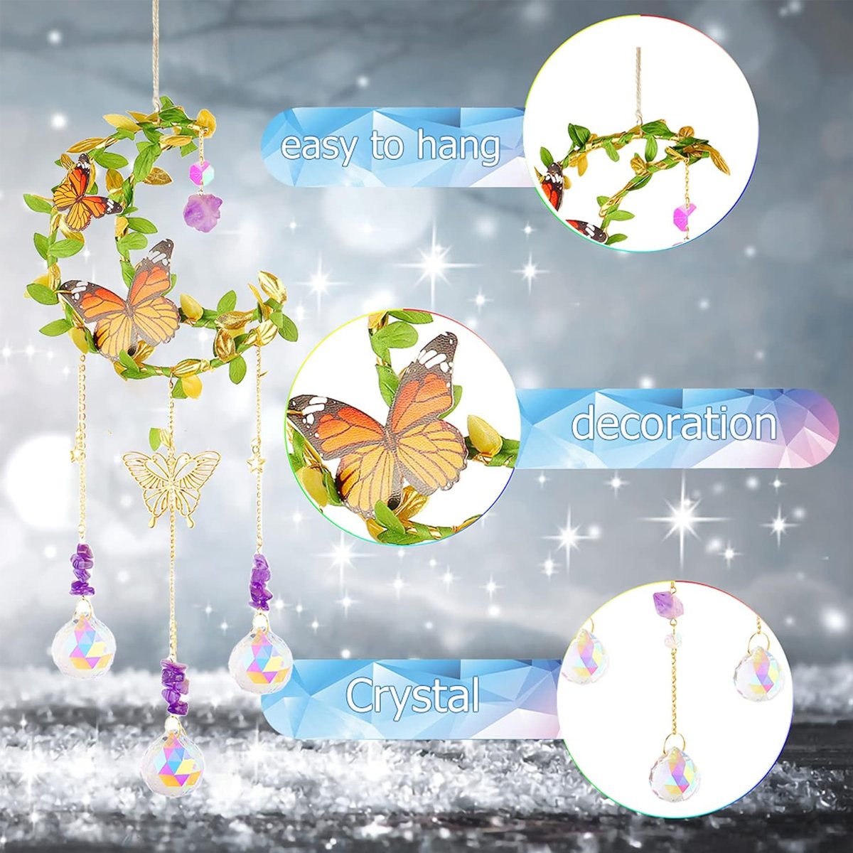 Sun Catcher Butterfly Flower Crystal Moon Wind Chimes Natural Garden Pendant