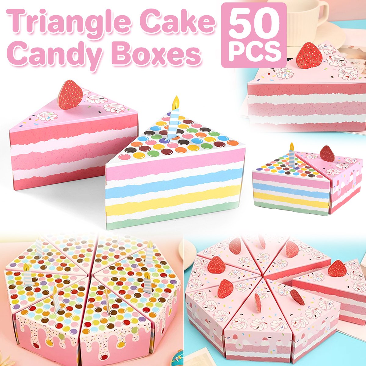 Add a touch of sweetness to your next celebration with these adorable triangular cake-shaped candy boxes.