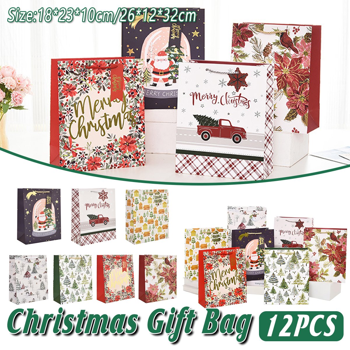 12pcs Christmas Paper Gift Bags Set Cute Cartoon Xmas Tote Present Bags