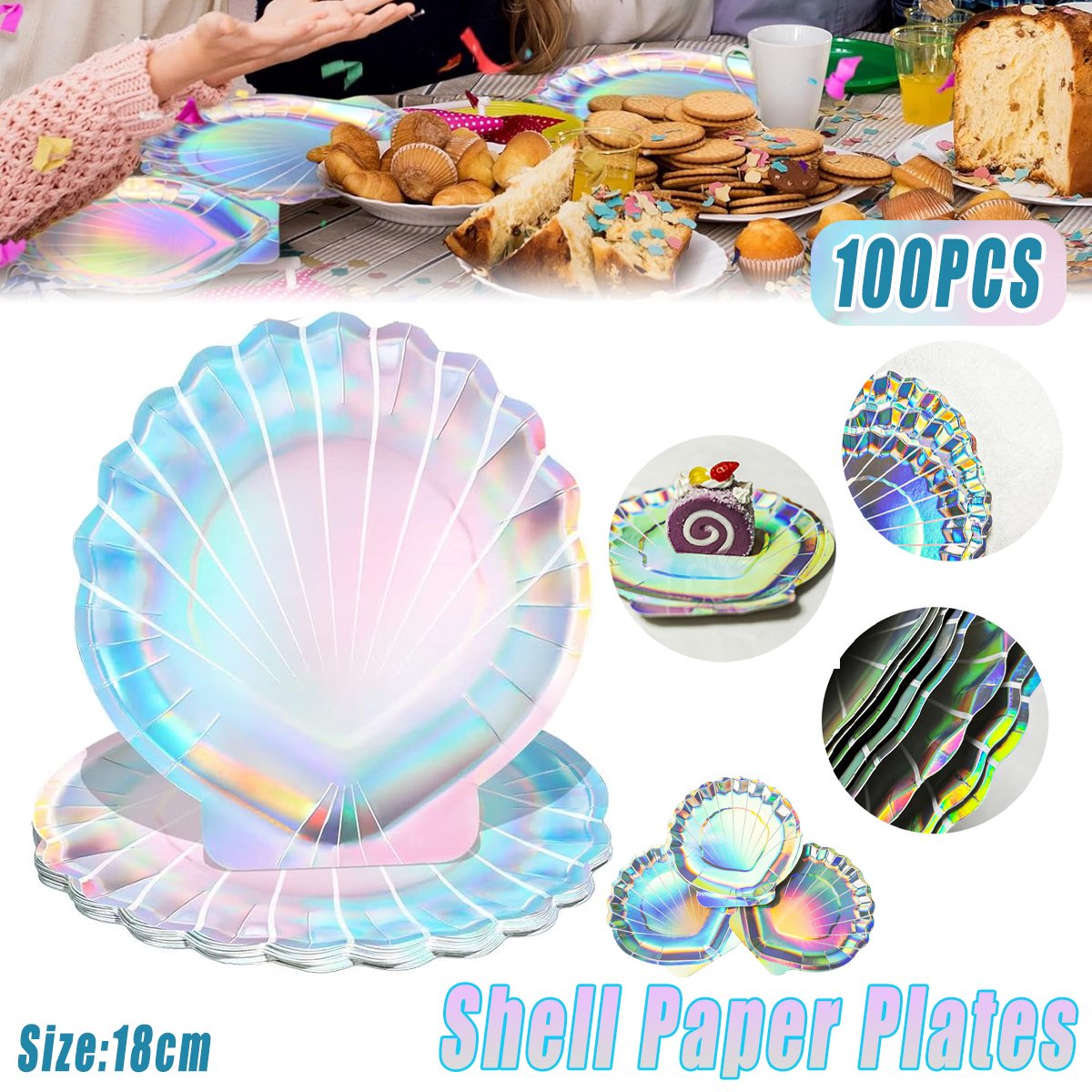 Shell-shaped Paper Plates 100 Pack High-Quality Iridescent Party Supplies