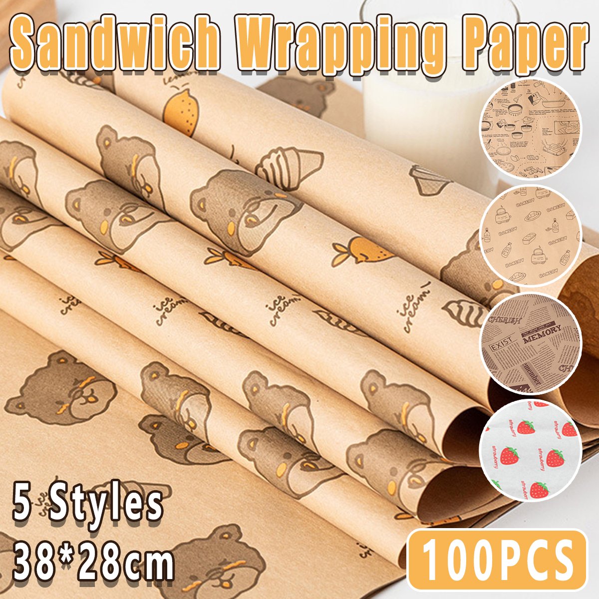 Grease-Proof Coated Paper for Sandwiches and Snacks Sandwich Wrapping Papers 100pcs