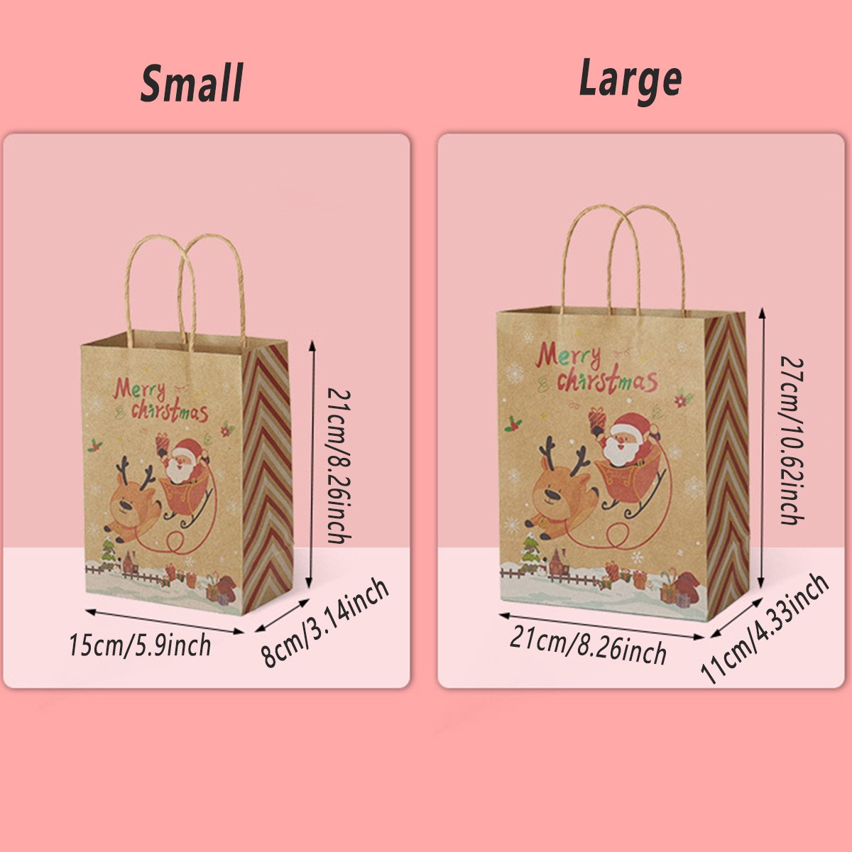 25PCS Christmas Tote Bags Kraft Paper Gift Bags Party Favor Holiday Shopping Bag