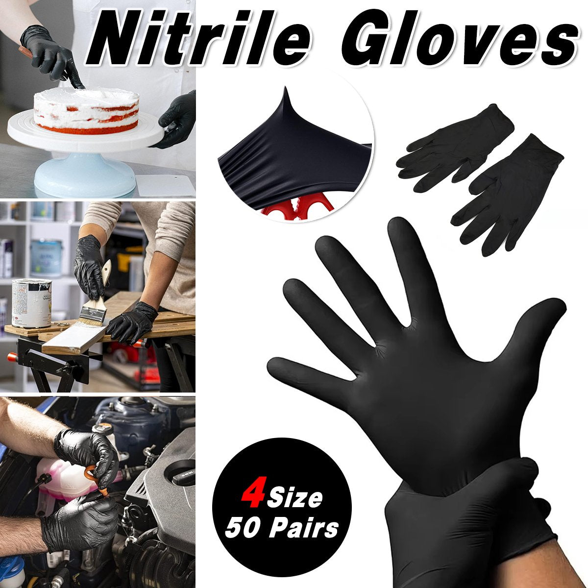 50Pairs Black Nitrile Gloves for Hairdresser Mechanic Chemical Safe Latex Free