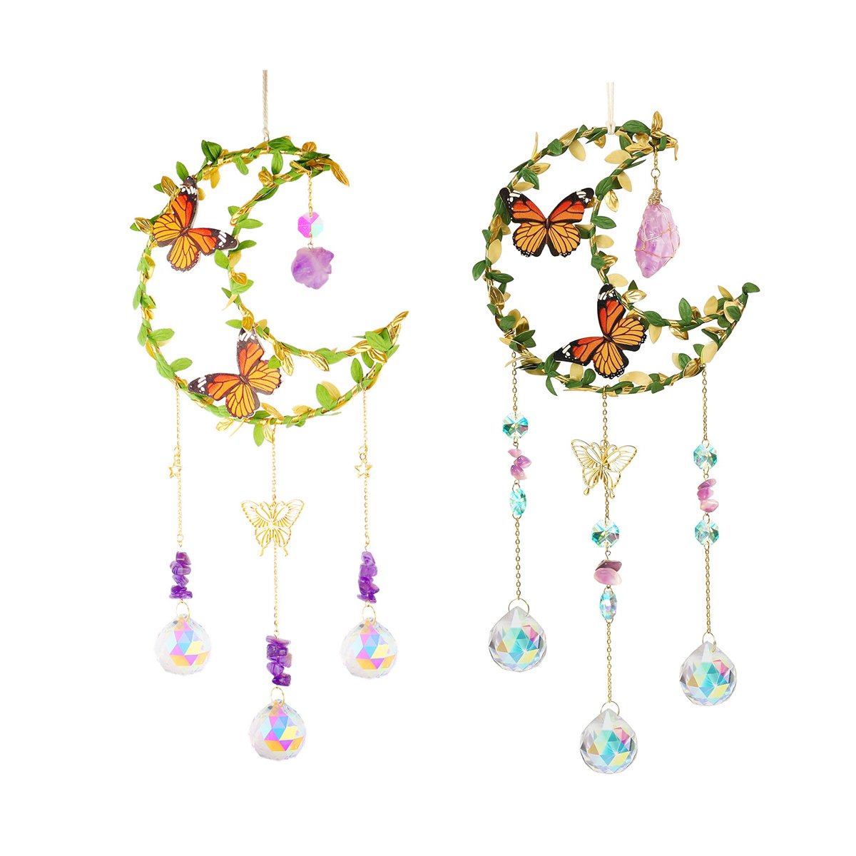 Sun Catcher Butterfly Flower Crystal Moon Wind Chimes Natural Garden Pendant