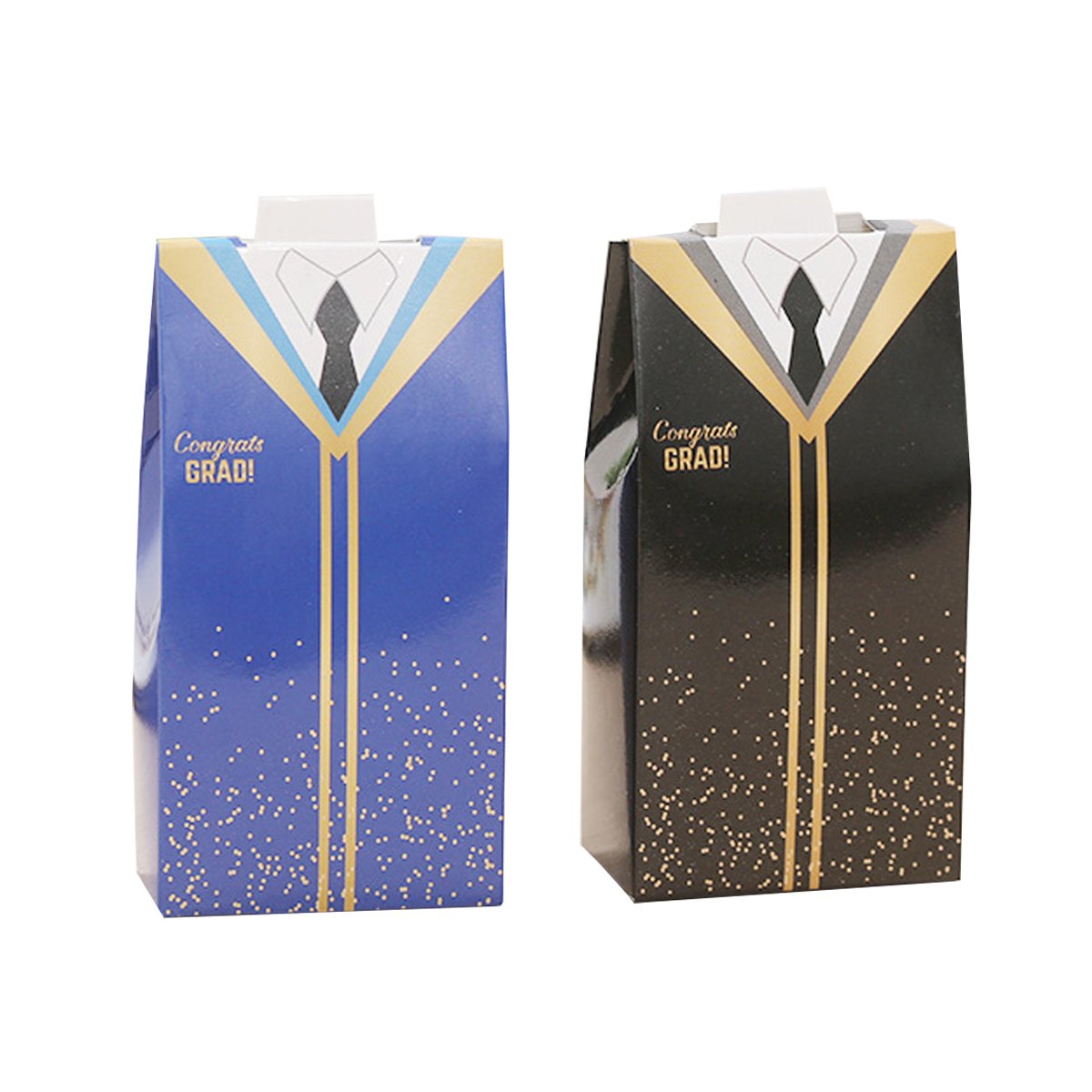 Two large candy boxes designed like graduation robes in blue and black, with gold accents.
