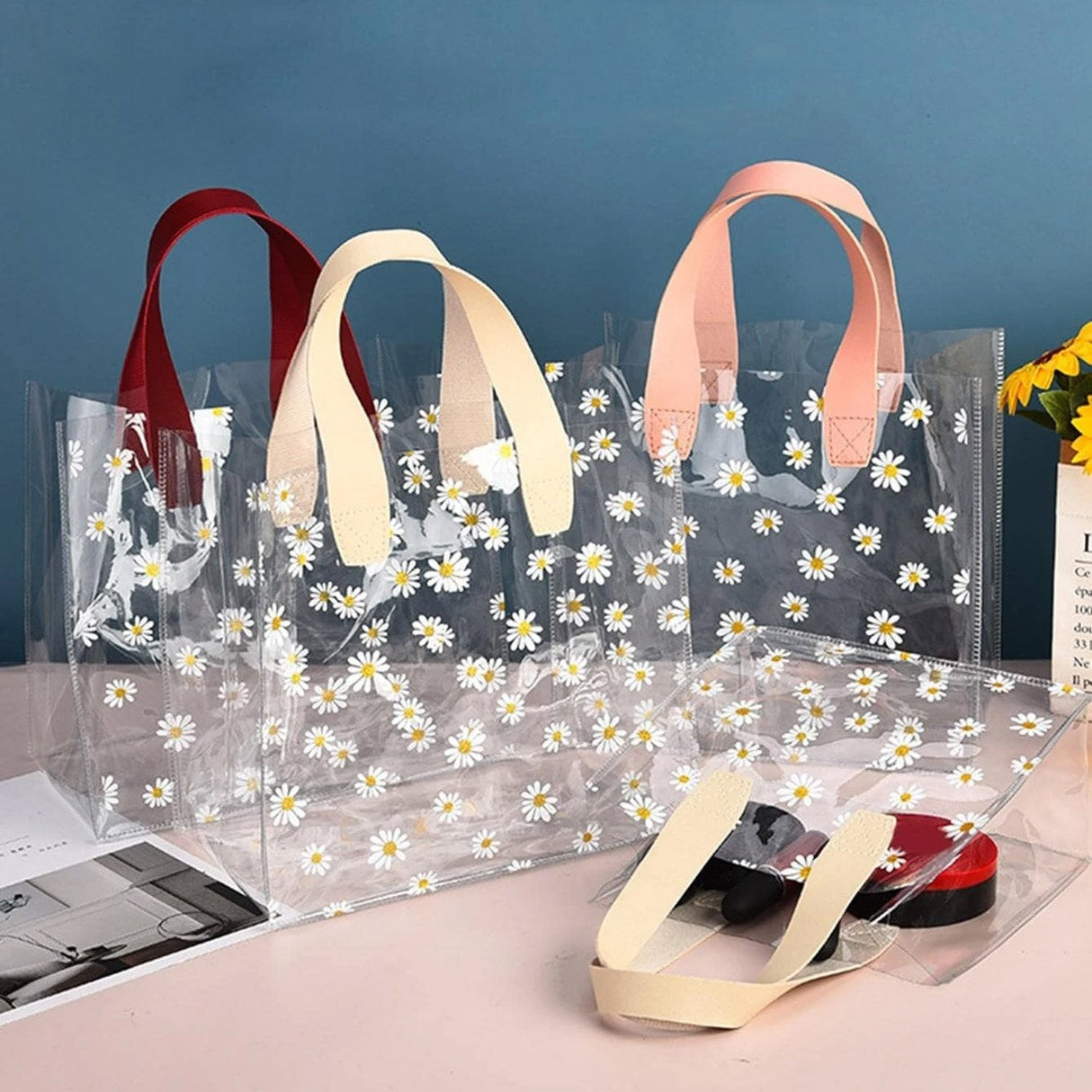 Clear PVC Tote Bags with Daisy Print for Weddings Birthdays 10pcs