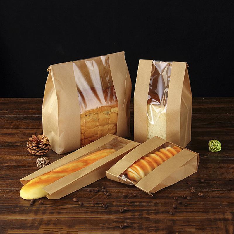 Kraft paper bags with strip window showcasing baked goods