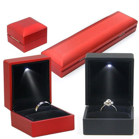 Elegant LED Jewelry Case open, displaying illuminated necklaces and rings.