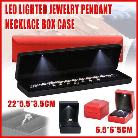 Elegant LED Jewelry Case open, displaying illuminated necklaces and rings.
