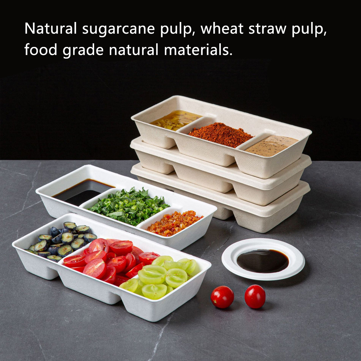 30PCS Disposable Pulp Three Compartment Dip Box for Sushi BBQ Condiment