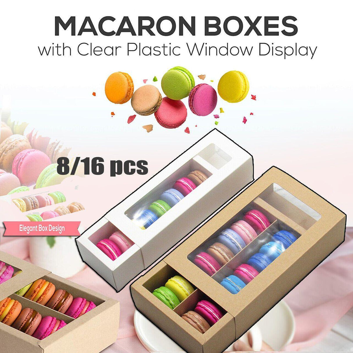 A beautifully arranged assortment of macarons displayed in our elegant macaron box