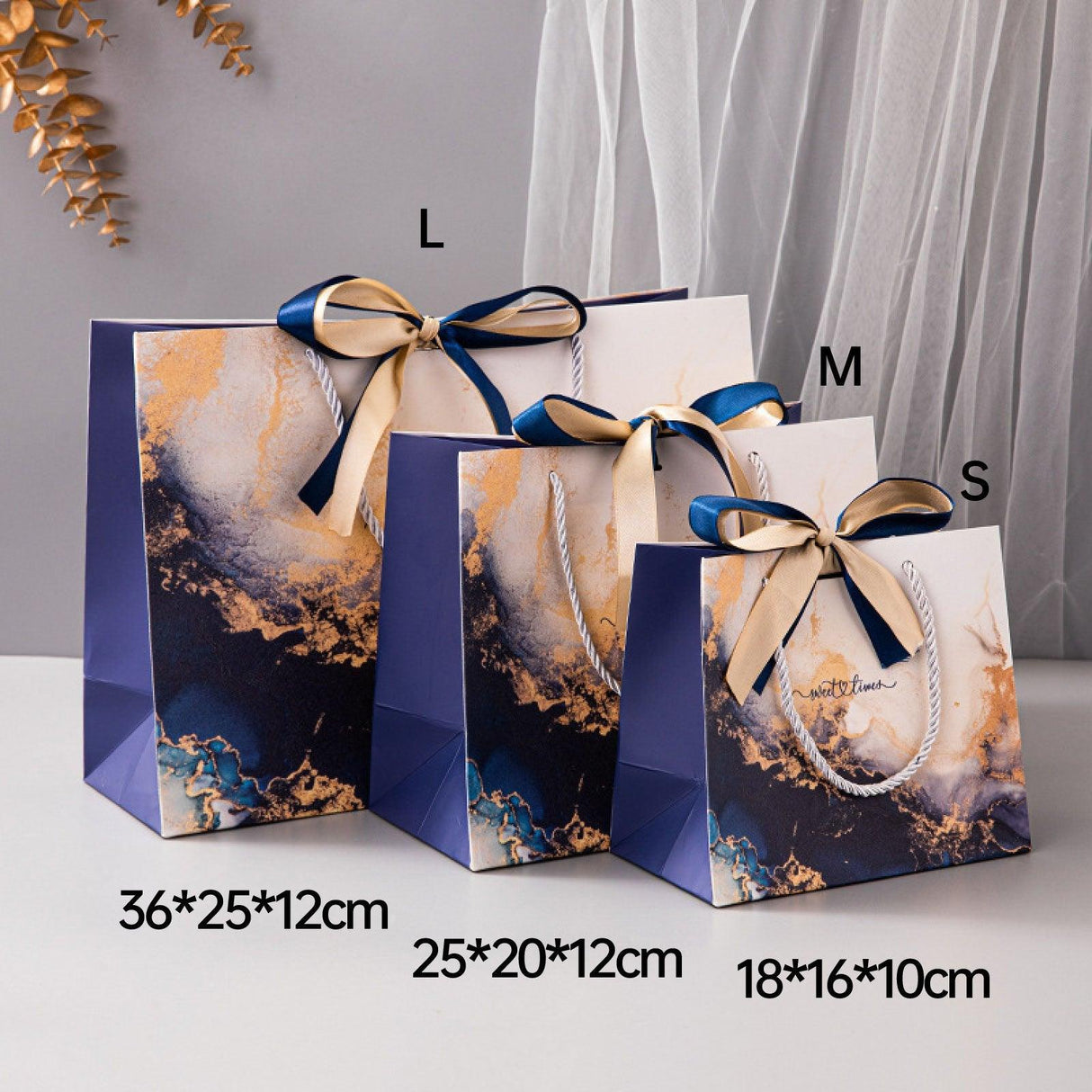 Marble Texture Gift Bag with Ribbon 10pcs White Card Paper