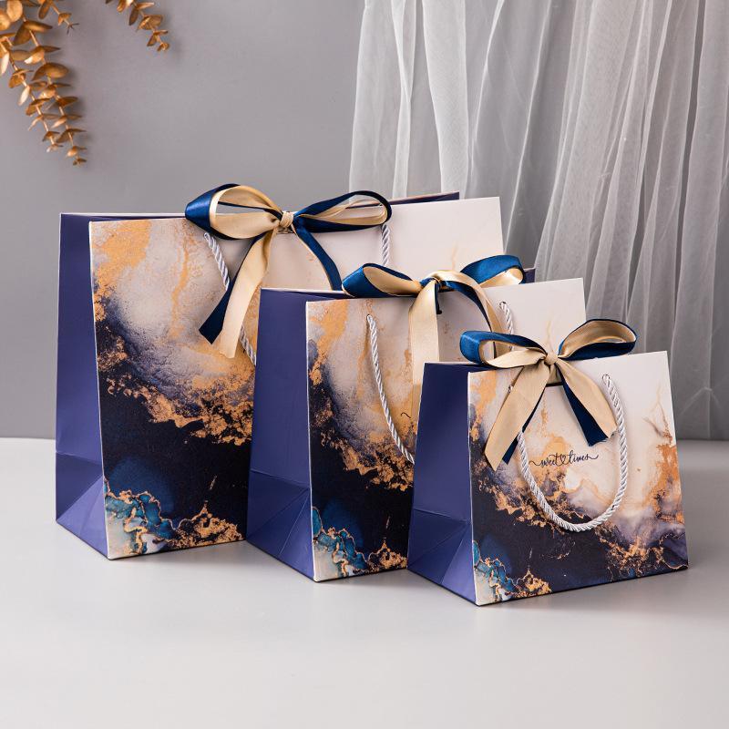 Marble Texture Gift Bag with Ribbon 10pcs White Card Paper