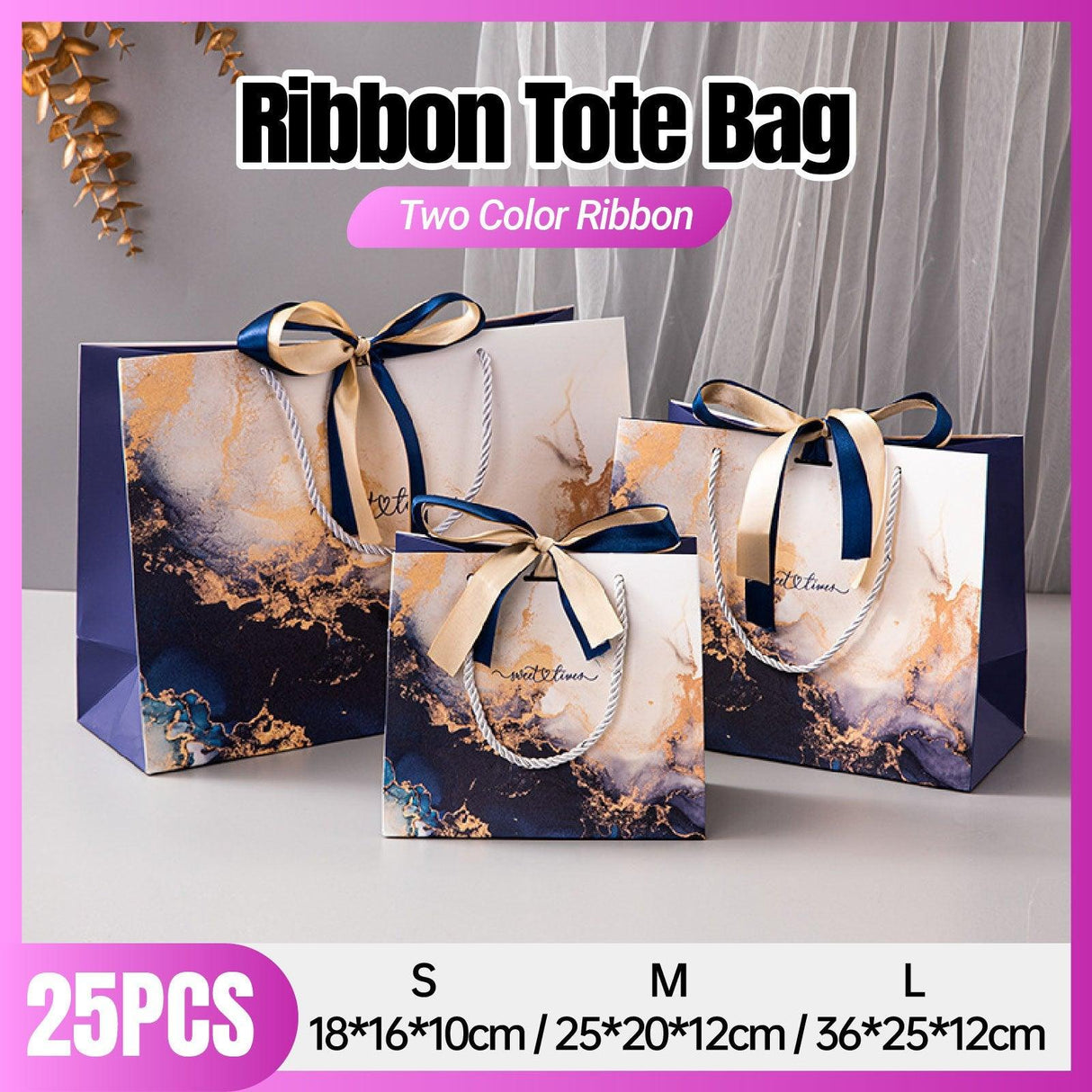 Marble Texture Gift Bag with Ribbon 10pcs White Card Paper