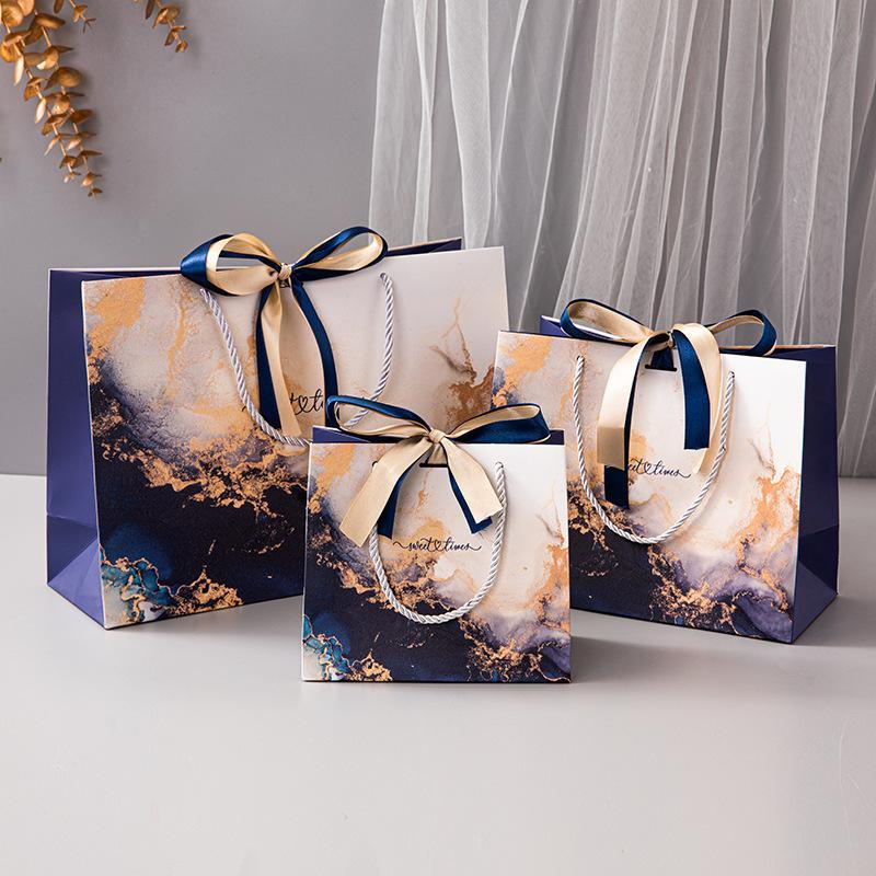 Marble Texture Gift Bag with Ribbon 10pcs White Card Paper