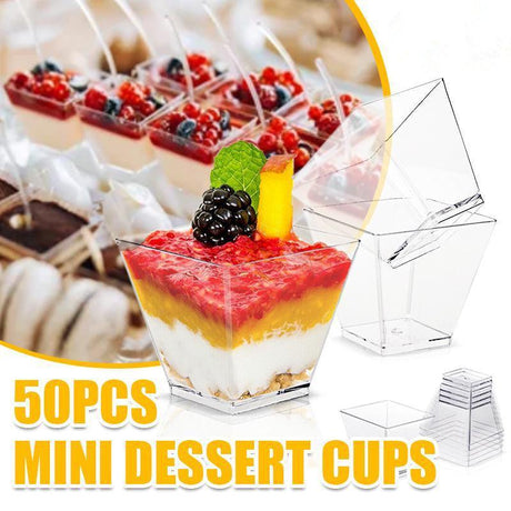 Plastic dessert cups filled with colorful desserts