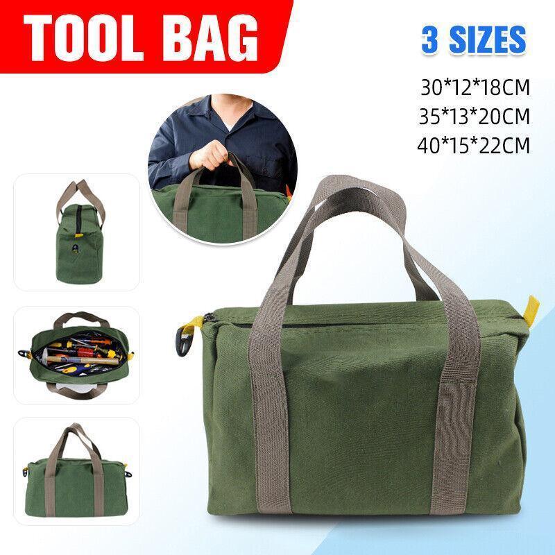 Durable canvas tool bag with multiple compartments and sturdy handles