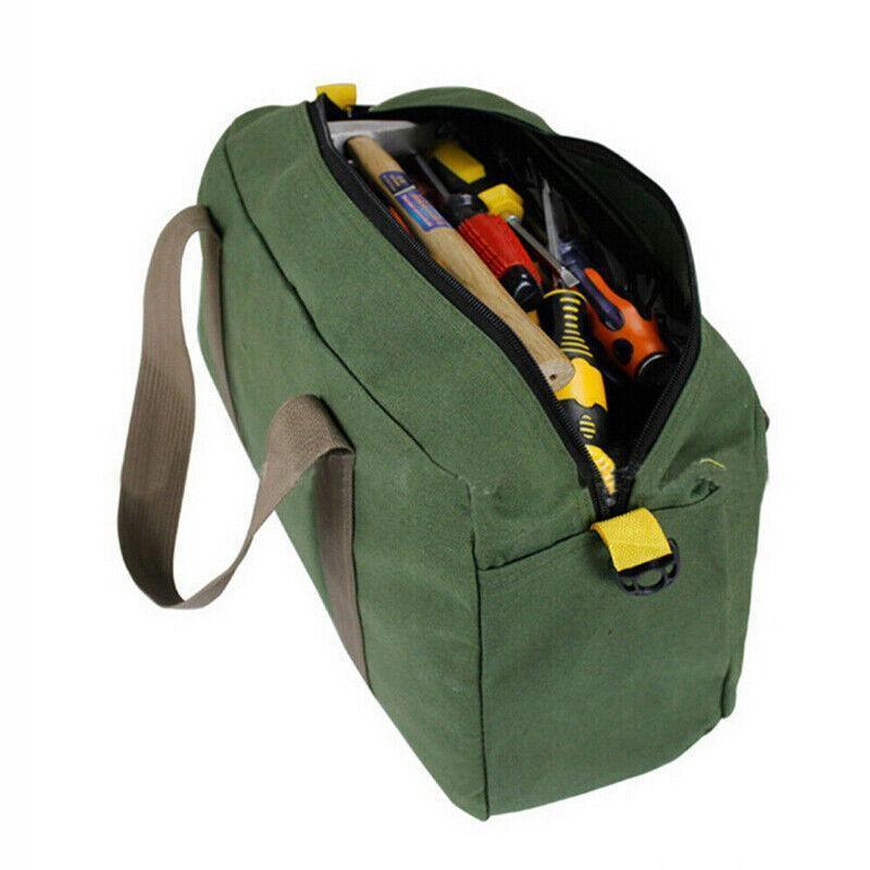 Durable canvas tool bag with multiple compartments and sturdy handles