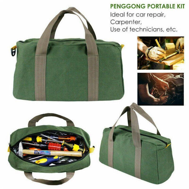 Durable canvas tool bag with multiple compartments and sturdy handles