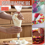 A set of disposable piping bags filled with colorful frosting, ready for decorating cakes and pastries