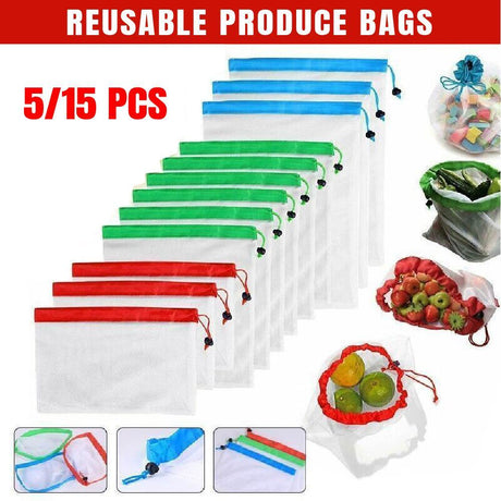 Reusable Mesh Grocery Produce Bags 5-15PCS 3Colours - Discount Packaging Warehouse