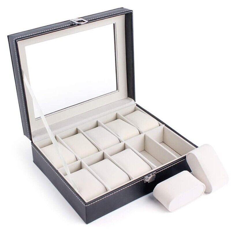 Elegant watch display box with clear top cover and plush interior