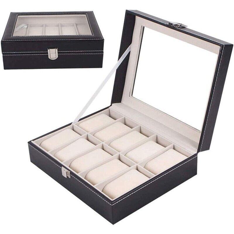 Elegant watch display box with clear top cover and plush interior