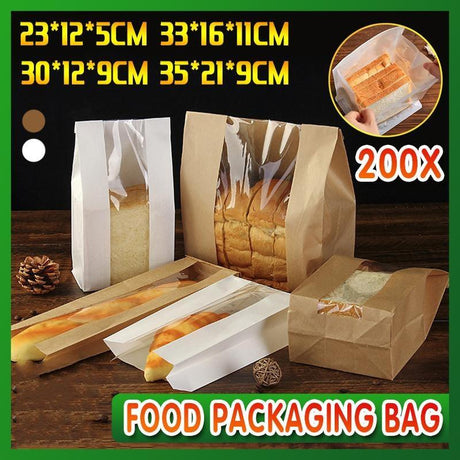 Kraft paper bags with strip window showcasing baked goods