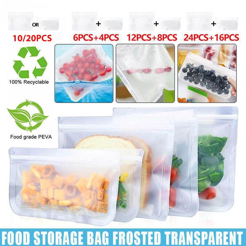 A variety of foods neatly stored in reusable freezer bags, showcasing their durability and versatility