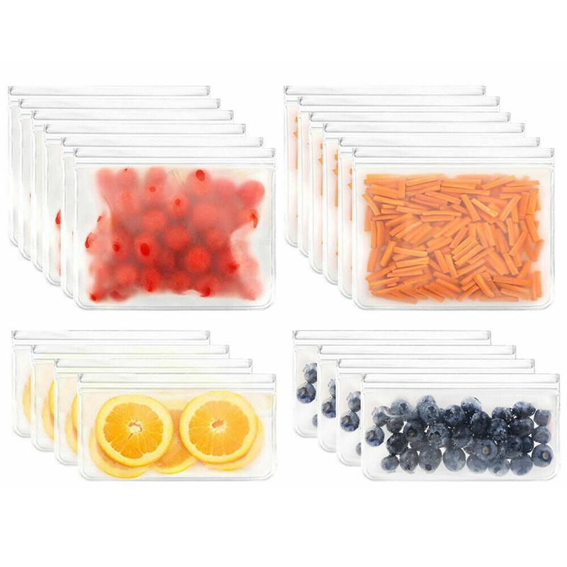 A variety of foods neatly stored in reusable freezer bags, showcasing their durability and versatility