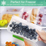 A variety of foods neatly stored in reusable freezer bags, showcasing their durability and versatility